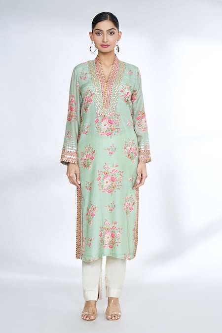 Shop Gopi Vaid Green Cotton, Silk Embroidery Split V-neck Flower Print Straight Kurta Online at Aza Fashions Shop_Gopi Vaid_Green Cotton, Silk Embroidery Split V-neck Flower Print Straight Kurta _Online_at_Aza_Fashions