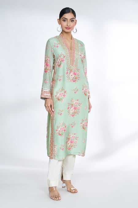 Buy Gopi Vaid Green Cotton, Silk Embroidery Split V-neck Flower Print Straight Kurta Buy_Gopi Vaid_Green Cotton, Silk Embroidery Split V-neck Flower Print Straight Kurta