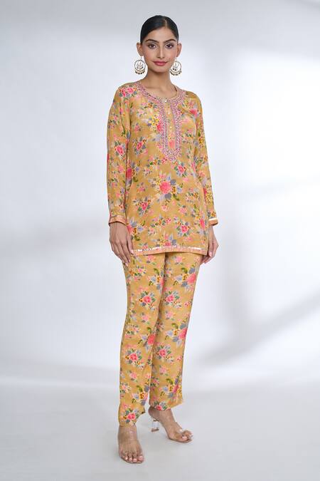 Buy_Gopi Vaid_Orange Cotton, Silk Embroidery Round Neck Floral Pattern Pant Co-ord Set_Online_at_Aza_Fashions