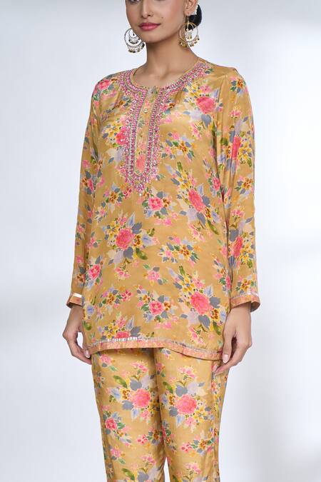 Buy_Gopi Vaid_Orange Cotton, Silk Embroidery Round Neck Floral Pattern Pant Co-ord Set