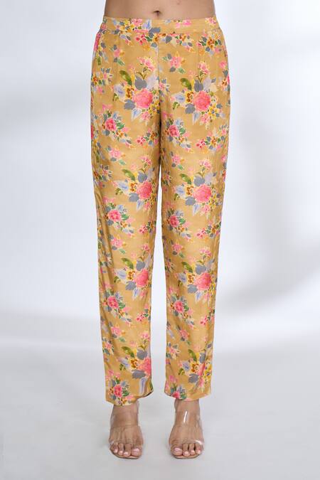 Shop_Gopi Vaid_Orange Cotton, Silk Embroidery Round Neck Floral Pattern Pant Co-ord Set