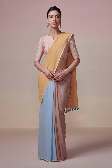 Dressfolk Multi Color Handloom Cotton Tassel Gold Fields Block Saree