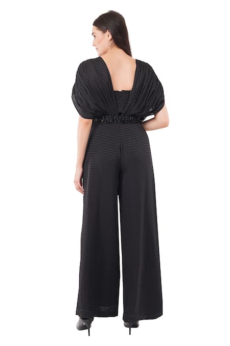 Shop Anjali Kanwar Black Polyester Embellished Crystal Geometric Pattern Draped Jumpsuit With Belt at Aza Fashions Shop_Anjali Kanwar_Black Polyester Embellished Crystal Geometric Pattern Draped Jumpsuit With Belt _at_Aza_Fashions