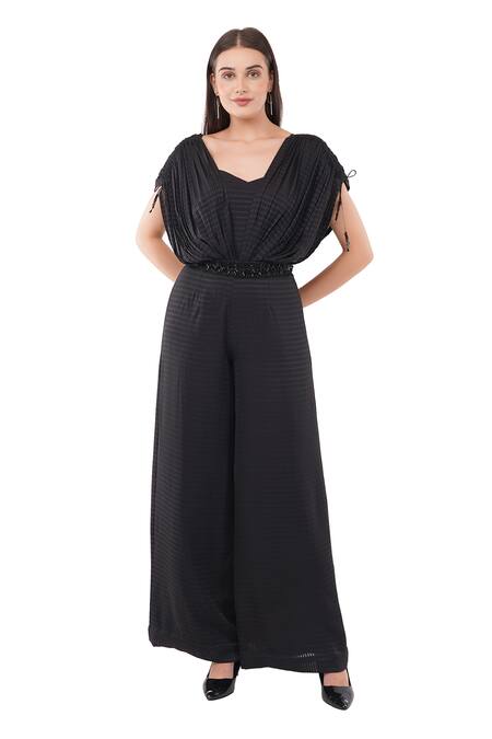 Anjali Kanwar Black Polyester Embellished Crystal Geometric Pattern Draped Jumpsuit With Belt Online at Aza Fashions Anjali Kanwar_Black Polyester Embellished Crystal Geometric Pattern Draped Jumpsuit With Belt _Online_at_Aza_Fashions