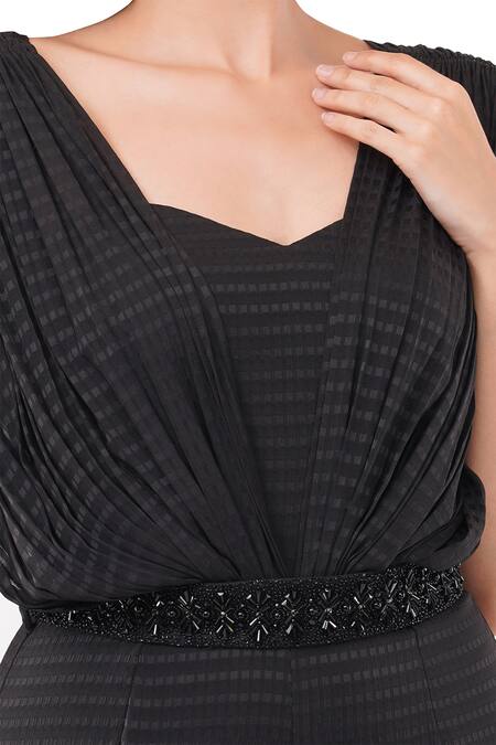 Anjali Kanwar Black Polyester Embellished Crystal Geometric Pattern Draped Jumpsuit With Belt at Aza Fashions Anjali Kanwar_Black Polyester Embellished Crystal Geometric Pattern Draped Jumpsuit With Belt _at_Aza_Fashions