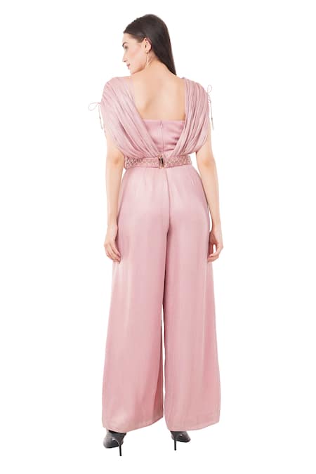 Shop Anjali Kanwar Pink Viscose Embellished Crystal Textured Pattern Draped Jumpsuit With Belt at Aza Fashions Shop_Anjali Kanwar_Pink Viscose Embellished Crystal Textured Pattern Draped Jumpsuit With Belt _at_Aza_Fashions