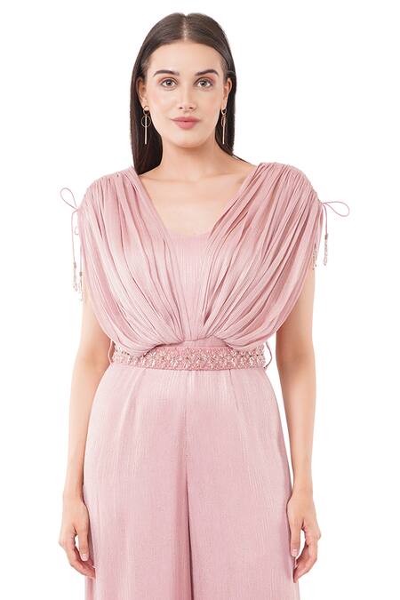 Anjali Kanwar Pink Viscose Embellished Crystal Textured Pattern Draped Jumpsuit With Belt Online at Aza Fashions Anjali Kanwar_Pink Viscose Embellished Crystal Textured Pattern Draped Jumpsuit With Belt _Online_at_Aza_Fashions