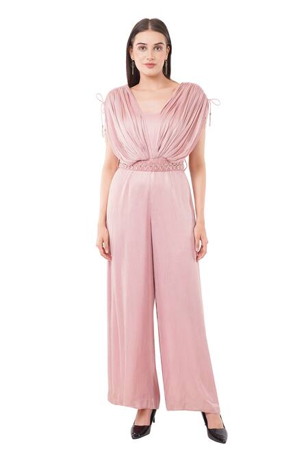 Buy Anjali Kanwar Pink Viscose Embellished Crystal Textured Pattern Draped Jumpsuit With Belt Online at Aza Fashions Buy_Anjali Kanwar_Pink Viscose Embellished Crystal Textured Pattern Draped Jumpsuit With Belt _Online_at_Aza_Fashions
