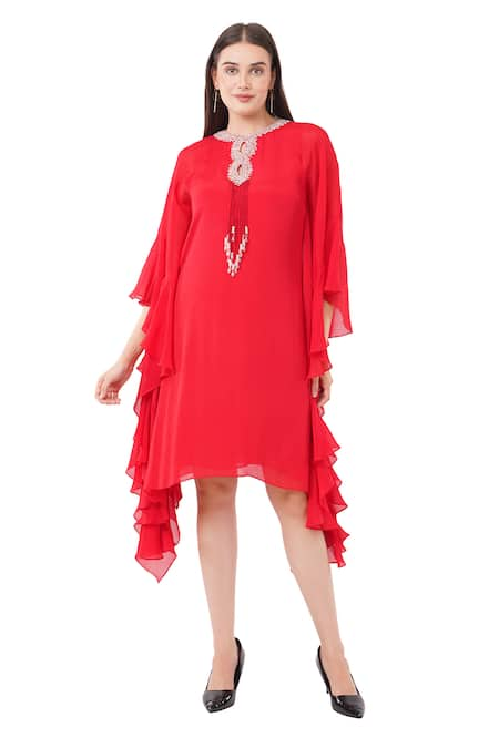 Anjali Kanwar Red Viscose Embellished Crystal Round Sequin Kaftan 