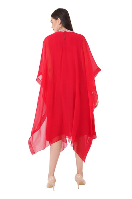 Shop Anjali Kanwar Red Viscose Embellished Crystal Round Front Tasselled Kaftan at Aza Fashions Shop_Anjali Kanwar_Red Viscose Embellished Crystal Round Front Tasselled Kaftan _at_Aza_Fashions