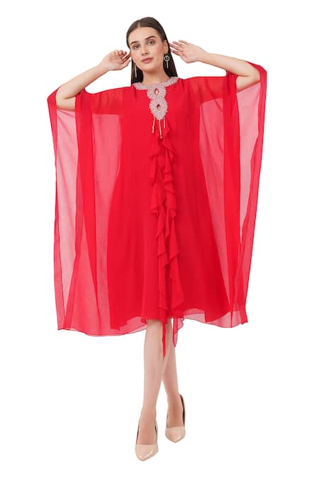 Buy Anjali Kanwar Red Viscose Embellished Crystal Round Front Tasselled Kaftan Online at Aza Fashions Buy_Anjali Kanwar_Red Viscose Embellished Crystal Round Front Tasselled Kaftan _Online_at_Aza_Fashions