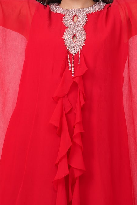 Shop Anjali Kanwar Red Viscose Embellished Crystal Round Front Tasselled Kaftan Online at Aza Fashions Shop_Anjali Kanwar_Red Viscose Embellished Crystal Round Front Tasselled Kaftan _Online_at_Aza_Fashions