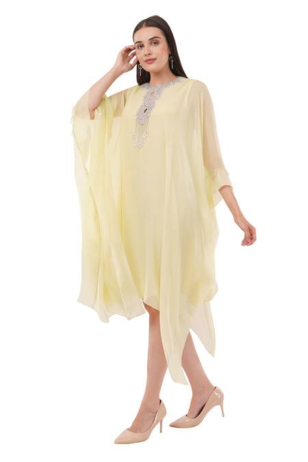 Anjali Kanwar Yellow Viscose Embellished Crystal Round Pastel Kaftan Online at Aza Fashions Anjali Kanwar_Yellow Viscose Embellished Crystal Round Pastel Kaftan _Online_at_Aza_Fashions