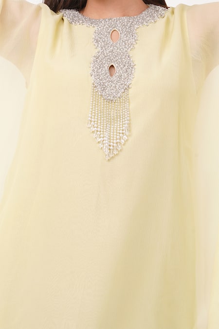 Shop Anjali Kanwar Yellow Viscose Embellished Crystal Round Pastel Kaftan Online at Aza Fashions Shop_Anjali Kanwar_Yellow Viscose Embellished Crystal Round Pastel Kaftan _Online_at_Aza_Fashions