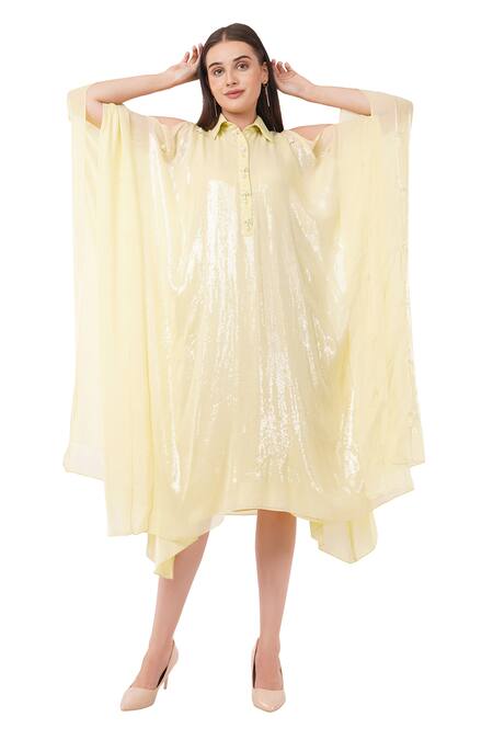 Anjali Kanwar Yellow Viscose Embellished Pearl Shirt Collar Sequin Kaftan Online at Aza Fashions Anjali Kanwar_Yellow Viscose Embellished Pearl Shirt Collar Sequin Kaftan _Online_at_Aza_Fashions