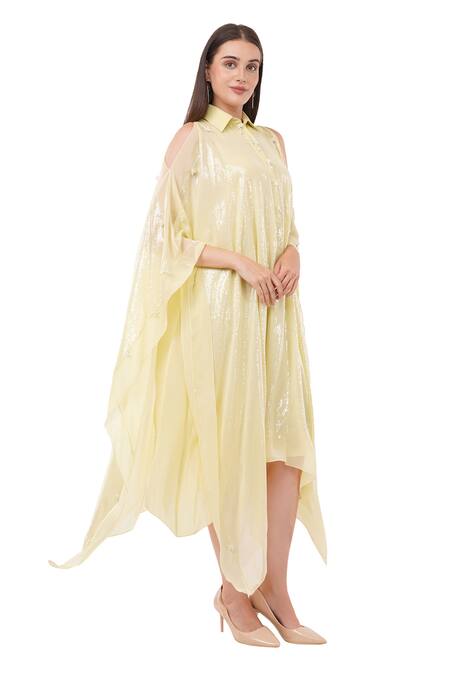 Buy Anjali Kanwar Yellow Viscose Embellished Pearl Shirt Collar Sequin Kaftan Online at Aza Fashions Buy_Anjali Kanwar_Yellow Viscose Embellished Pearl Shirt Collar Sequin Kaftan _Online_at_Aza_Fashions