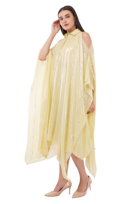 Shop Anjali Kanwar Yellow Viscose Embellished Pearl Shirt Collar Sequin Kaftan Online at Aza Fashions Shop_Anjali Kanwar_Yellow Viscose Embellished Pearl Shirt Collar Sequin Kaftan _Online_at_Aza_Fashions