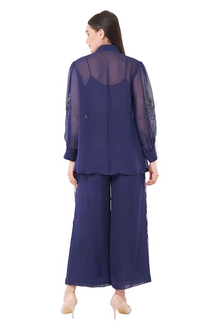 Shop Anjali Kanwar Blue Viscose Embellished Sequin Shirt Collar Floral With Pant at Aza Fashions Shop_Anjali Kanwar_Blue Viscose Embellished Sequin Shirt Collar Floral With Pant _at_Aza_Fashions