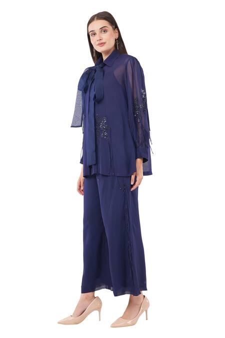 Anjali Kanwar_Blue Viscose Embellished Sequin Shirt Collar Floral With Pant _Online_at_Aza_Fashions