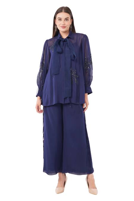 Buy Anjali Kanwar Blue Viscose Embellished Sequin Shirt Collar Floral With Pant Online at Aza Fashions Buy_Anjali Kanwar_Blue Viscose Embellished Sequin Shirt Collar Floral With Pant _Online_at_Aza_Fashions