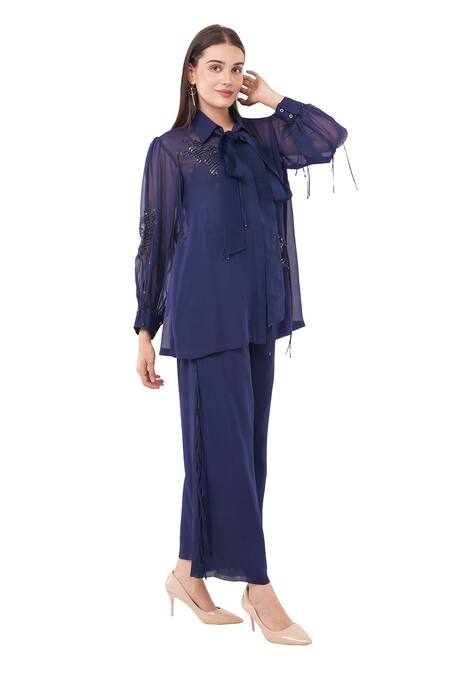 Shop Anjali Kanwar Blue Viscose Embellished Sequin Shirt Collar Floral With Pant Online at Aza Fashions Shop_Anjali Kanwar_Blue Viscose Embellished Sequin Shirt Collar Floral With Pant _Online_at_Aza_Fashions