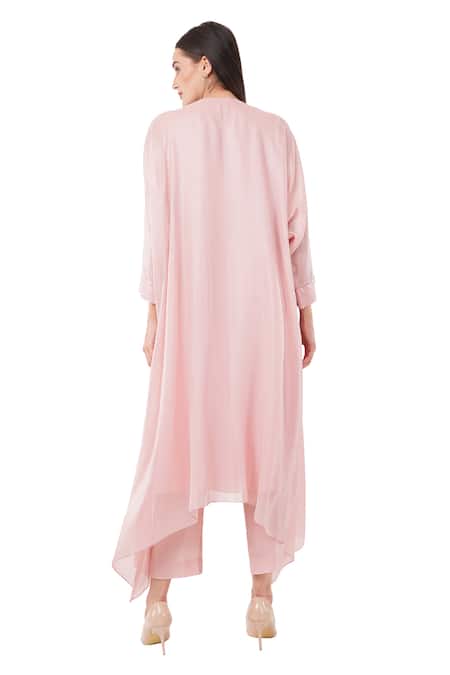 Shop Anjali Kanwar Pink Silk Pearls, Beads V-neck Embellished Ruffle Tunic With Pant at Aza Fashions Shop_Anjali Kanwar_Pink Silk Pearls, Beads V-neck Embellished Ruffle Tunic With Pant _at_Aza_Fashions