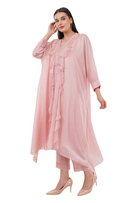 Anjali Kanwar Pink Silk Pearls, Beads V-neck Embellished Ruffle Tunic With Pant Online at Aza Fashions Anjali Kanwar_Pink Silk Pearls, Beads V-neck Embellished Ruffle Tunic With Pant _Online_at_Aza_Fashions