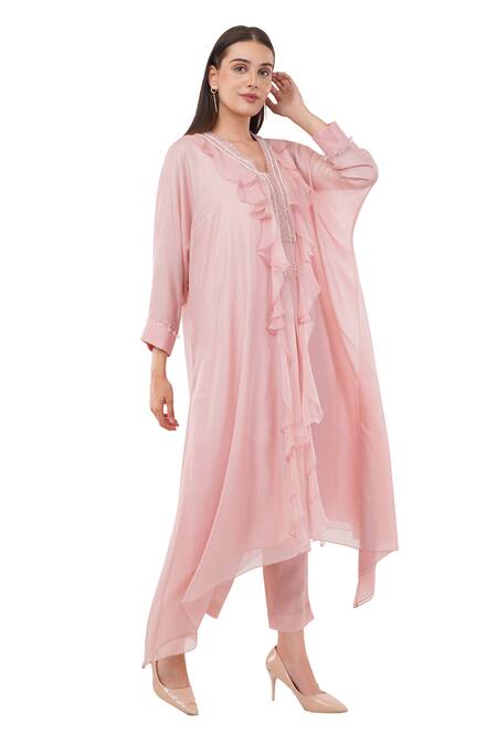 Buy Anjali Kanwar Pink Silk Pearls, Beads V-neck Embellished Ruffle Tunic With Pant Online at Aza Fashions Buy_Anjali Kanwar_Pink Silk Pearls, Beads V-neck Embellished Ruffle Tunic With Pant _Online_at_Aza_Fashions