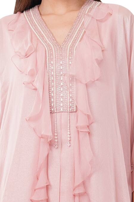 Shop Anjali Kanwar Pink Silk Pearls, Beads V-neck Embellished Ruffle Tunic With Pant Online at Aza Fashions Shop_Anjali Kanwar_Pink Silk Pearls, Beads V-neck Embellished Ruffle Tunic With Pant _Online_at_Aza_Fashions