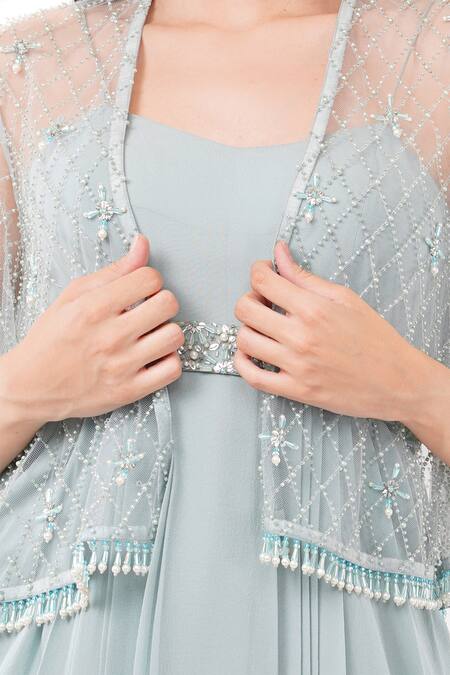 Shop_Anjali Kanwar_Blue Viscose Embellished Bead Cape Open Pearl With Draped Dress _Online_at_Aza_Fashions
