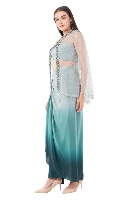 Anjali Kanwar_Blue Polyester Embellished Bead Jacket Round Pearl Draped Skirt Set _Online_at_Aza_Fashions