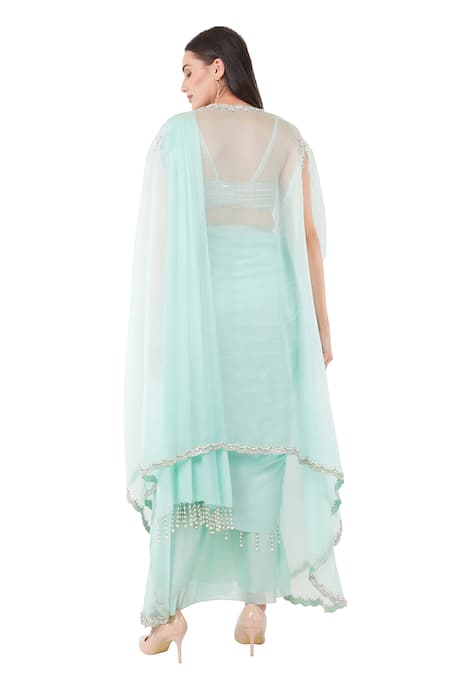 Anjali Kanwar Silk Embellished Scallop Border Cape Pre-Draped Saree Set 