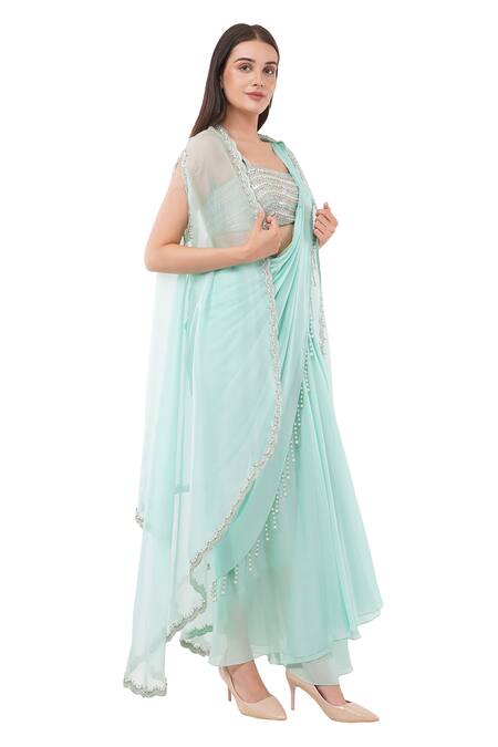 Anjali Kanwar_Green Silk Pearls, Beads Embellished Scallop Border Cape Pre-draped Saree Set _Online_at_Aza_Fashions