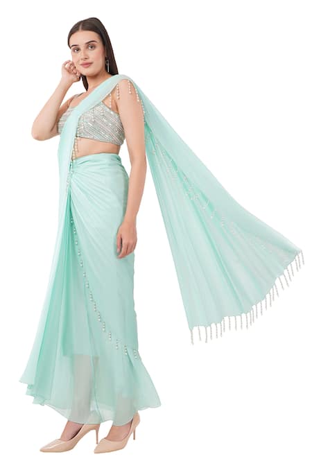 Buy_Anjali Kanwar_Green Silk Pearls, Beads Embellished Scallop Border Cape Pre-draped Saree Set _Online_at_Aza_Fashions