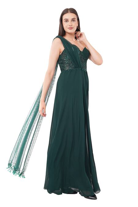 Anjali Kanwar_Green Viscose Embellished Bead Sweetheart Sequin Draped Gown _Online_at_Aza_Fashions