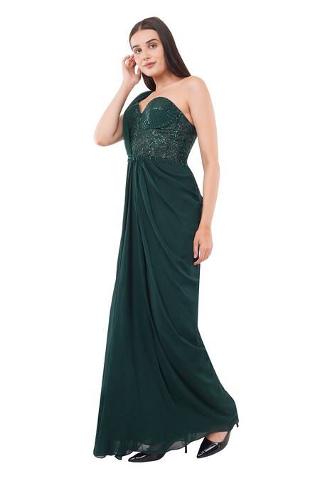 Buy_Anjali Kanwar_Green Viscose Embellished Bead Sweetheart Sequin Draped Gown _Online_at_Aza_Fashions