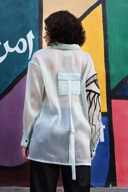 Shop_Shilpi Gupta_Blue Organza Embellished Sequin Collared Eye Shape Shirt _at_Aza_Fashions