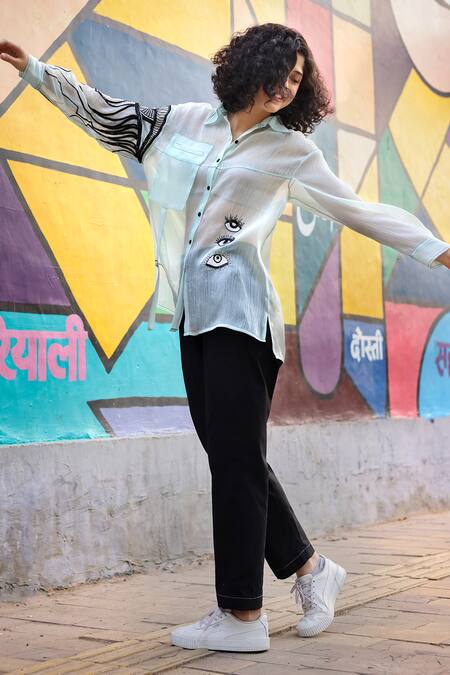 Shilpi Gupta_Blue Organza Embellished Sequin Collared Eye Shape Shirt _Online_at_Aza_Fashions
