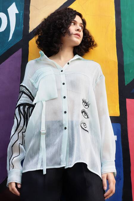 Buy_Shilpi Gupta_Blue Organza Embellished Sequin Collared Eye Shape Shirt _Online_at_Aza_Fashions