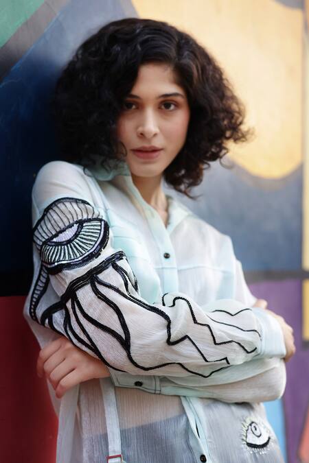 Shop_Shilpi Gupta_Blue Organza Embellished Sequin Collared Eye Shape Shirt _Online_at_Aza_Fashions