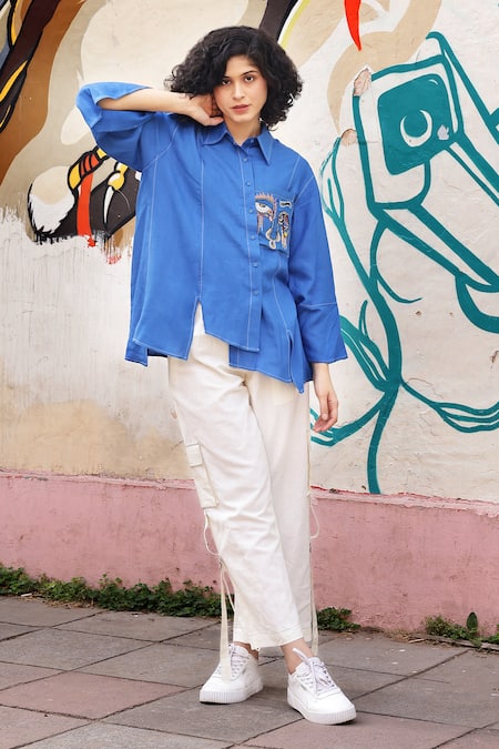 Shilpi Gupta Blue Kataan Fabric Embroidered Resham Collared Front Pocket Shirt 