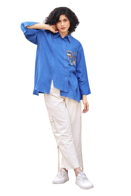 Shilpi Gupta Blue Kataan Fabric Embroidered Resham Collared Front Pocket Shirt Online at Aza Fashions Shilpi Gupta_Blue Kataan Fabric Embroidered Resham Collared Front Pocket Shirt _Online_at_Aza_Fashions