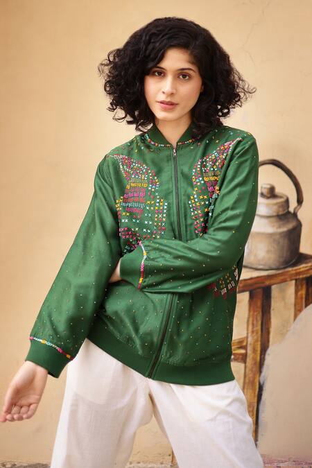 Shilpi Gupta_Green Chanderi 70gm Embellished Resham Closed Bomber Jacket _Online_at_Aza_Fashions