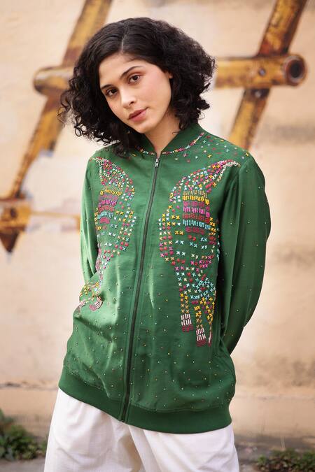 Buy_Shilpi Gupta_Green Chanderi 70gm Embellished Resham Closed Bomber Jacket _Online_at_Aza_Fashions