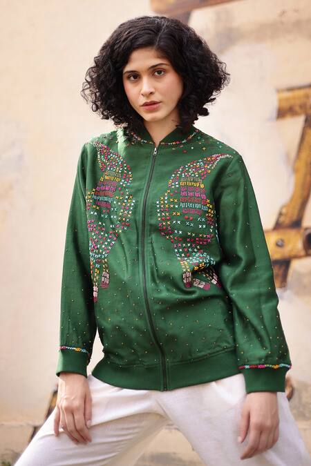 Shop_Shilpi Gupta_Green Chanderi 70gm Embellished Resham Closed Bomber Jacket _Online_at_Aza_Fashions