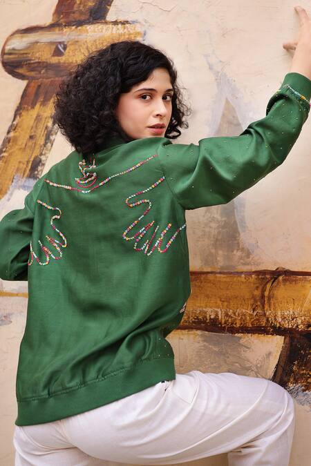 Shilpi Gupta_Green Chanderi 70gm Embellished Resham Closed Bomber Jacket _at_Aza_Fashions