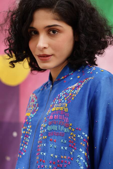 Shilpi Gupta_Blue Chanderi 70gm Embellished Resham Closed Bomber Jacket _Online_at_Aza_Fashions