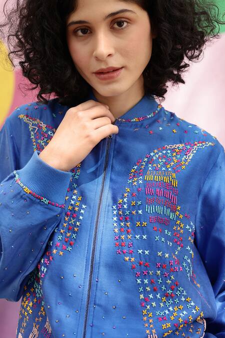 Buy_Shilpi Gupta_Blue Chanderi 70gm Embellished Resham Closed Bomber Jacket _Online_at_Aza_Fashions