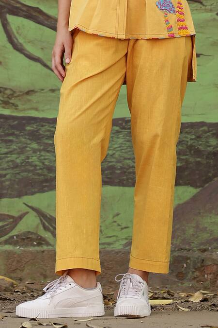 Shilpi Gupta Yellow Cotton Satin Embellished Resham Sequin Asymmetric Shirt And Pant Set Online at Aza Fashions Shilpi Gupta_Yellow Cotton Satin Embellished Resham Sequin Asymmetric Shirt And Pant Set _Online_at_Aza_Fashions