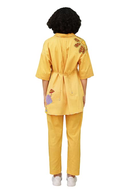 Buy Shilpi Gupta Yellow Cotton Satin Embellished Resham Sequin Asymmetric Shirt And Pant Set Buy_Shilpi Gupta_Yellow Cotton Satin Embellished Resham Sequin Asymmetric Shirt And Pant Set